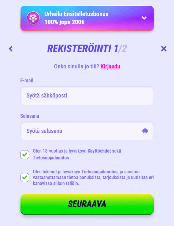 Funbet Casino Registration step 1